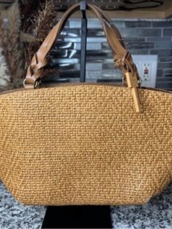 Fossil Handbags - Fossil Tan Woven Shoulder Bag with Leather Handles wooden key charm